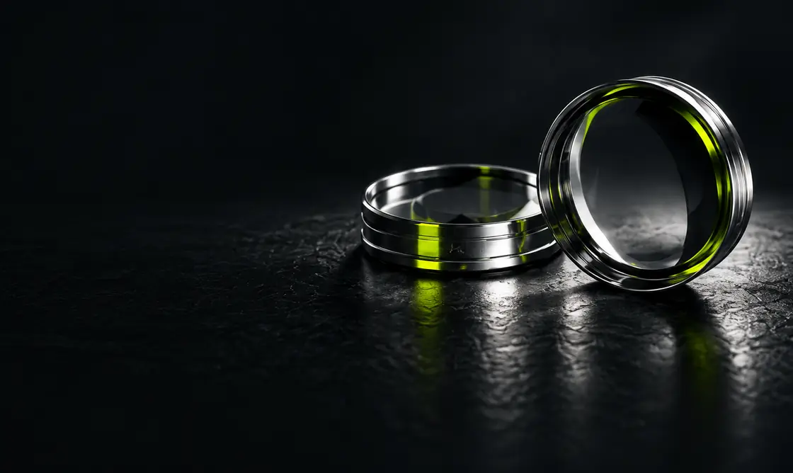 Two polished metal rings, one upright and one flat, lit in signal green.