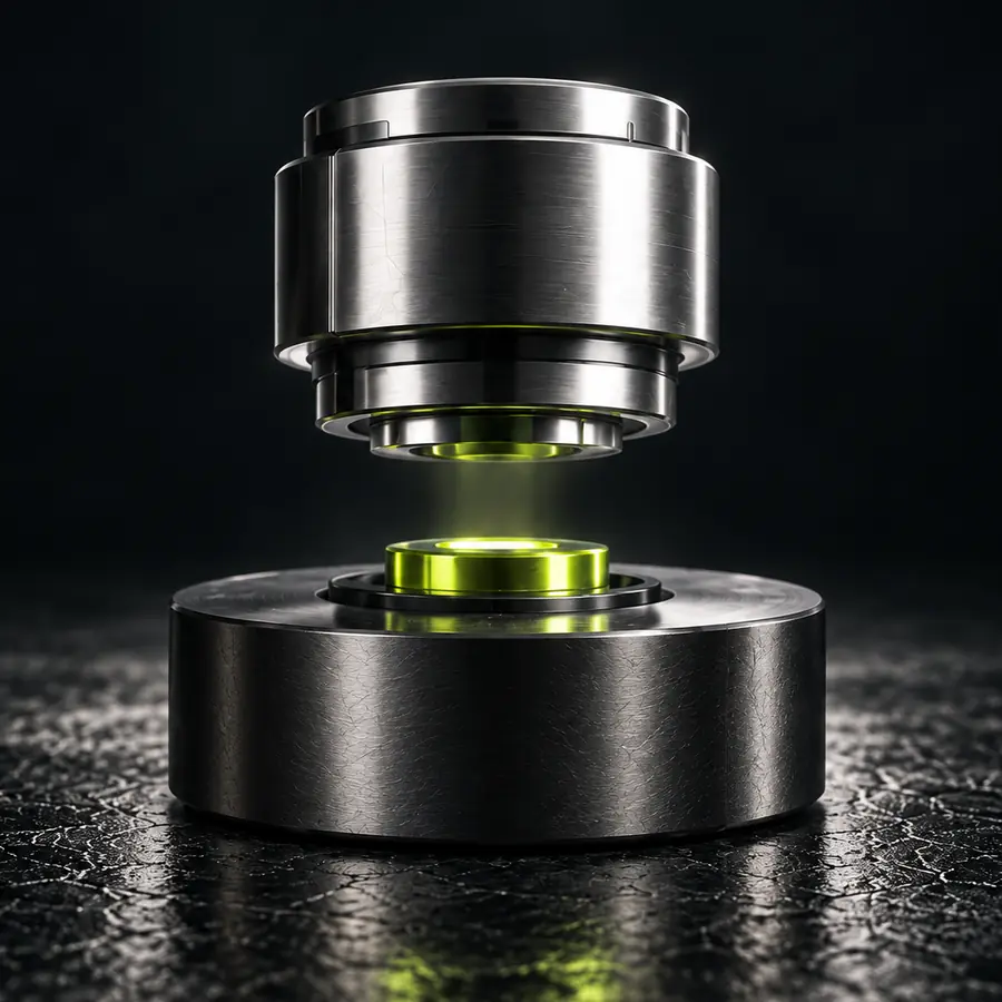 A metal cylinder lowering onto a base, a signal-green light between the two faces.