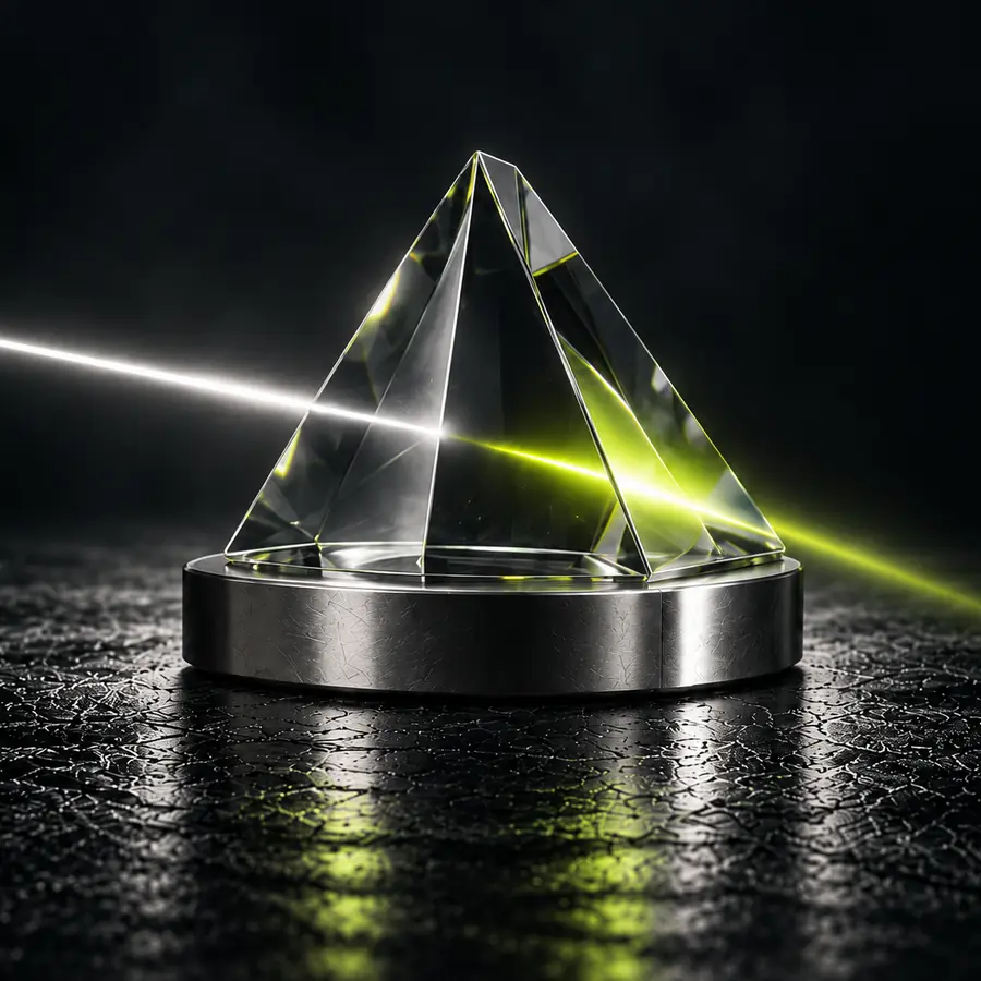 A glass prism on a metal base splitting a white beam into a signal-green line.