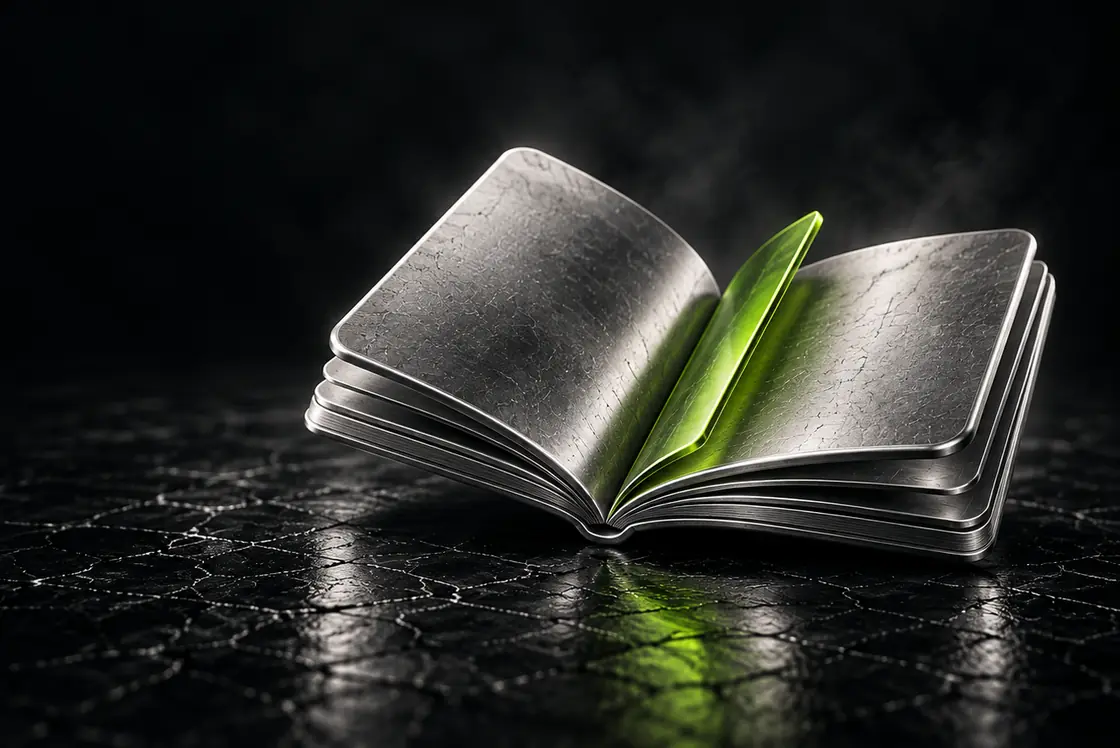 An open book made of brushed metal with signal-green pages at its centre.
