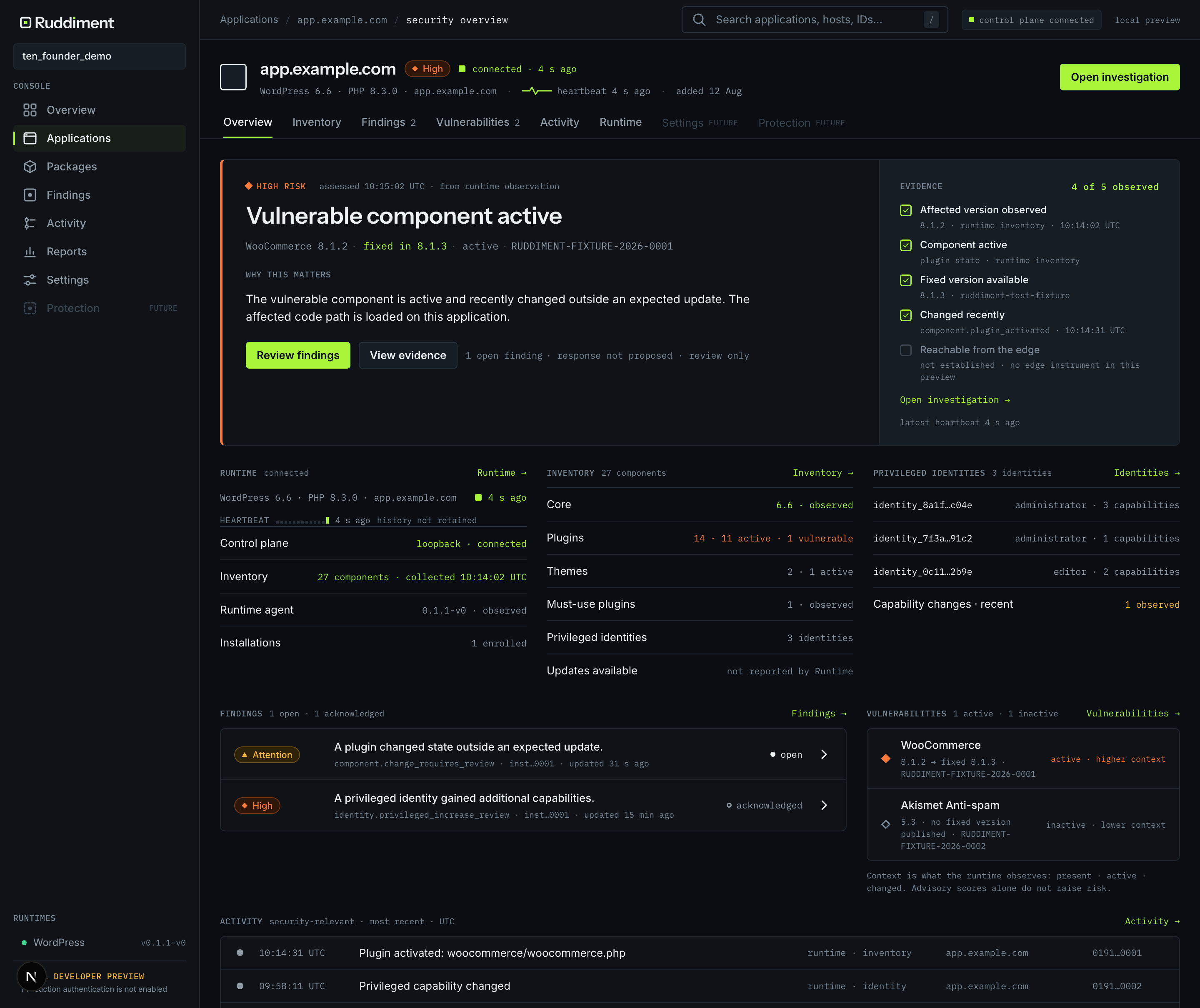 Ruddiment console: Application Security Overview for app.example.com showing a high contextual risk card with evidence checklist, runtime, inventory, privileged identities, findings, vulnerabilities and activity.